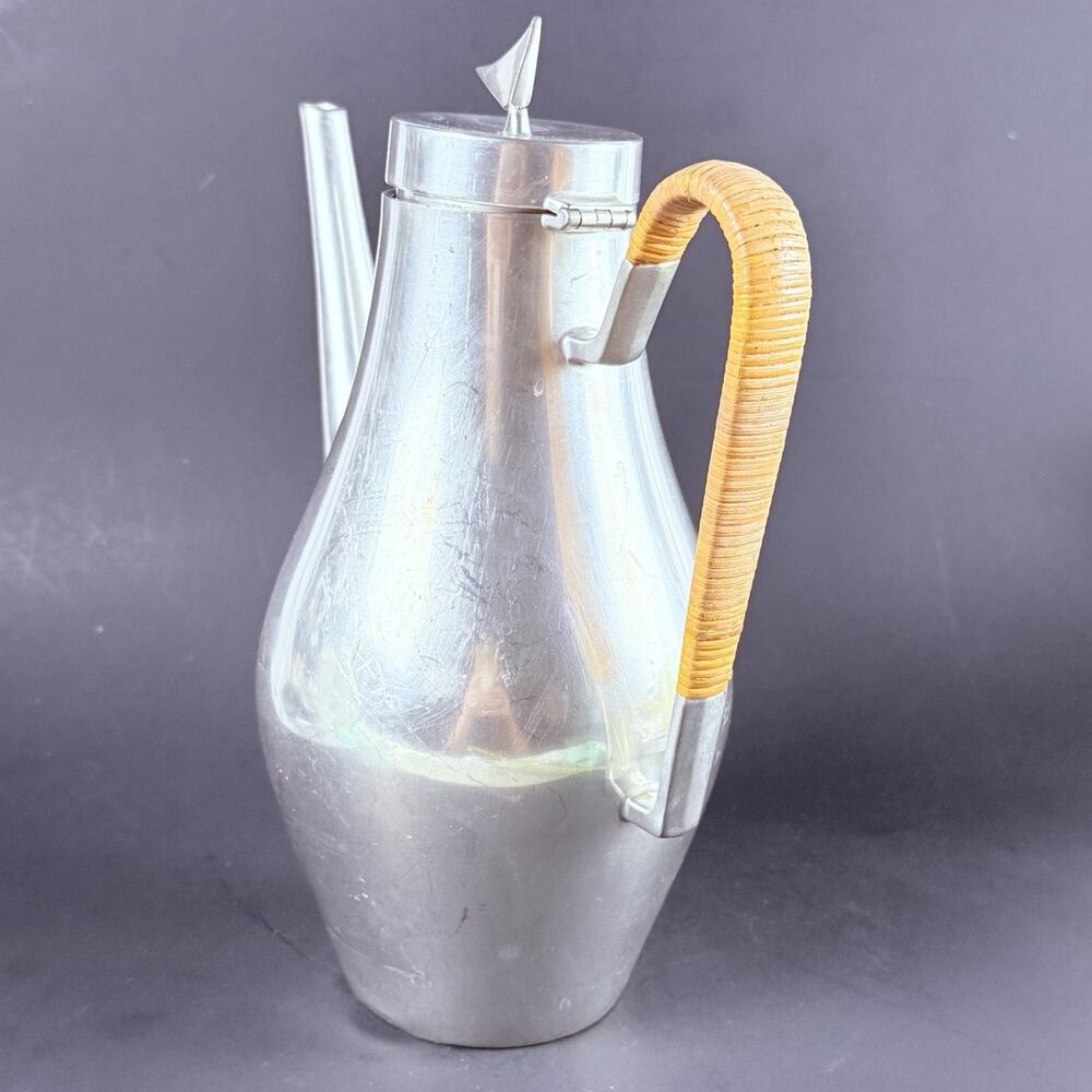Reed & Barton Pewter MCM Coffee Tea Pot Set Danish Modern Rattan Handle Atomic - Picture 14 of 16